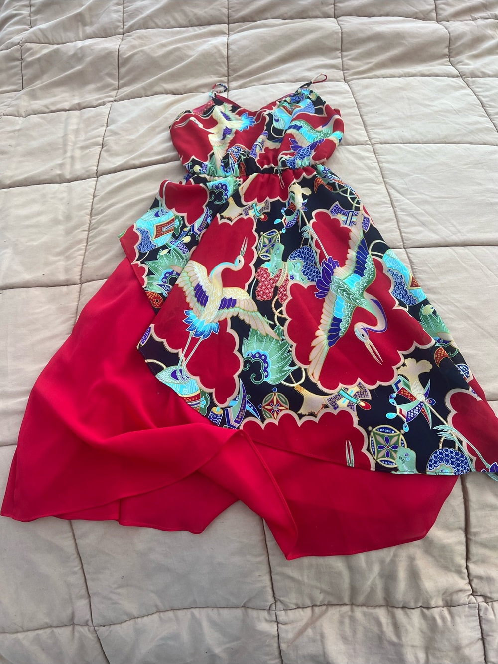 Red Asian Inspired Crane Print Sheer Flowy Strappy Dress Y2K Size Large